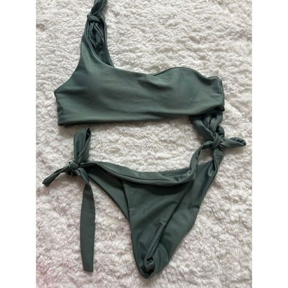 Green One Shoulder Tie Bikini Two-Piece Swim Set size S